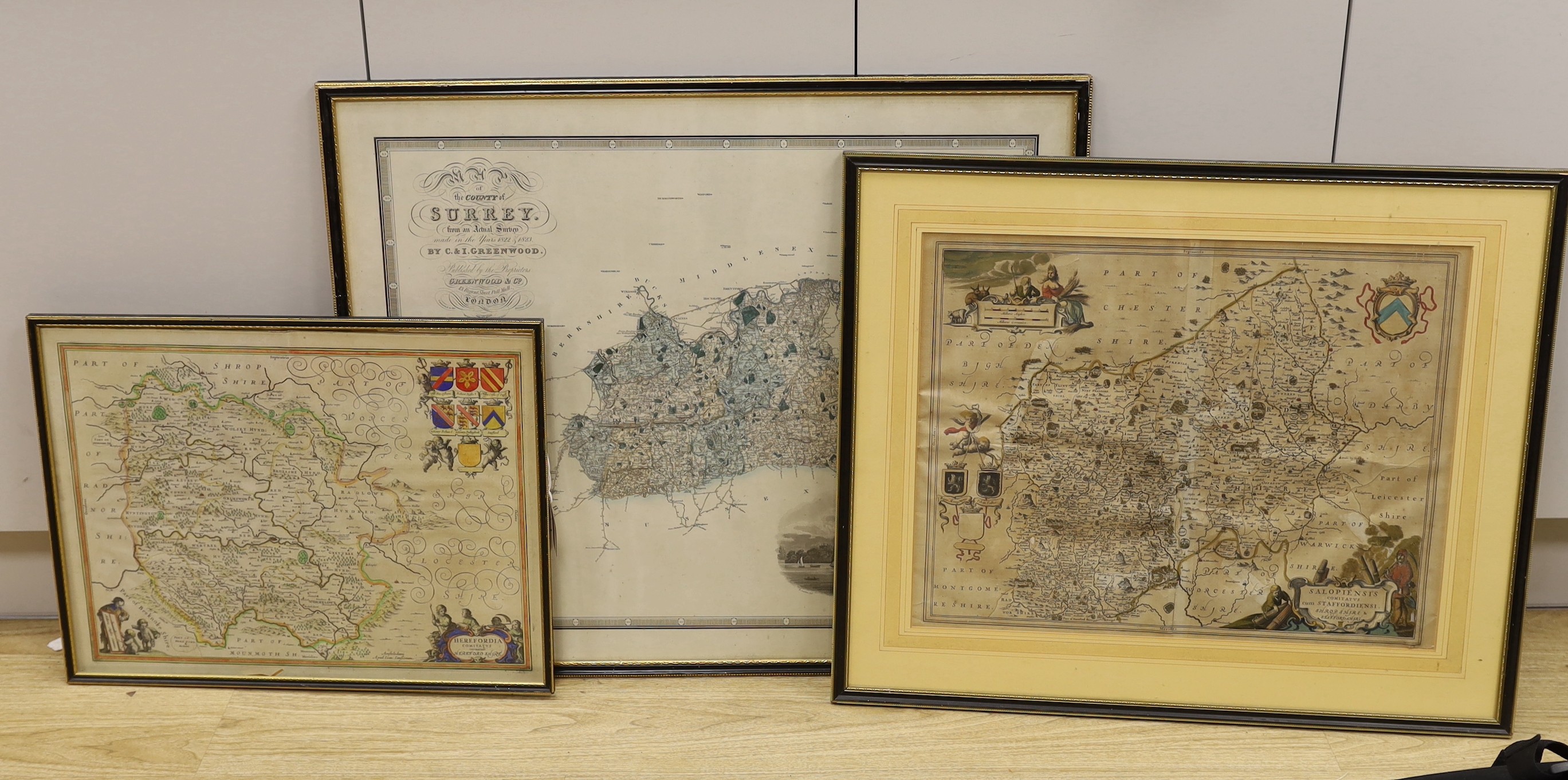 Jan Janssen, coloured engraving, Map of Herofordiae, overall 41 x 53cm, Latin text verso, a similar map of Salopiensis, overall 44 x 56cm, and a Greenwood map of Surrey, 64 x 76cm